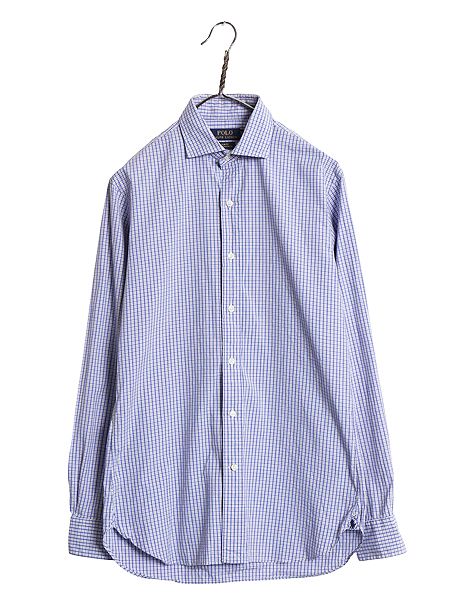ポロ ラルフローレン チェック 長袖 シャツ メンズ S 程 ワイシャツ ドレス コットン ストレッチ スリム マチ付き 薄手 細身 ワンポイント