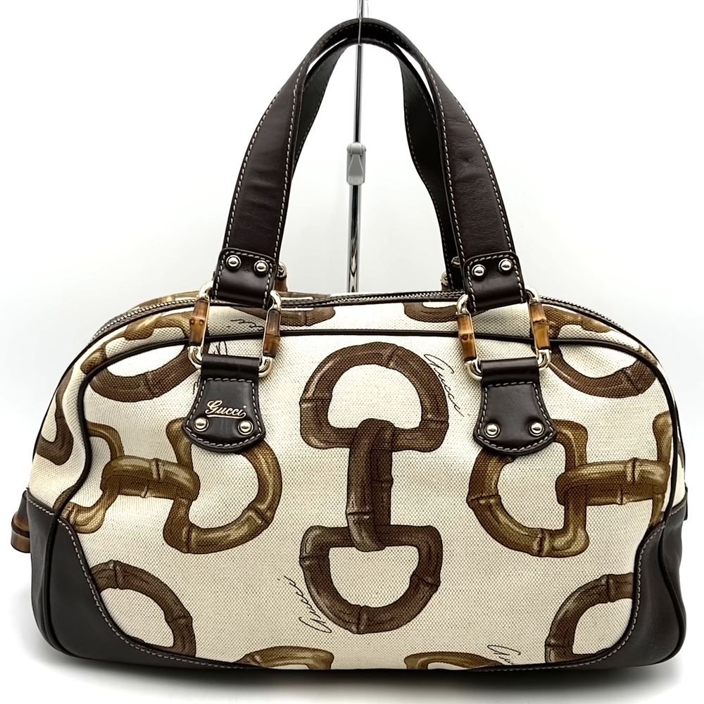 GUCCI グッチ 154377 バンブー ホースビット トートバッグ キャンバス レザー ベージュ ブラウン レディース