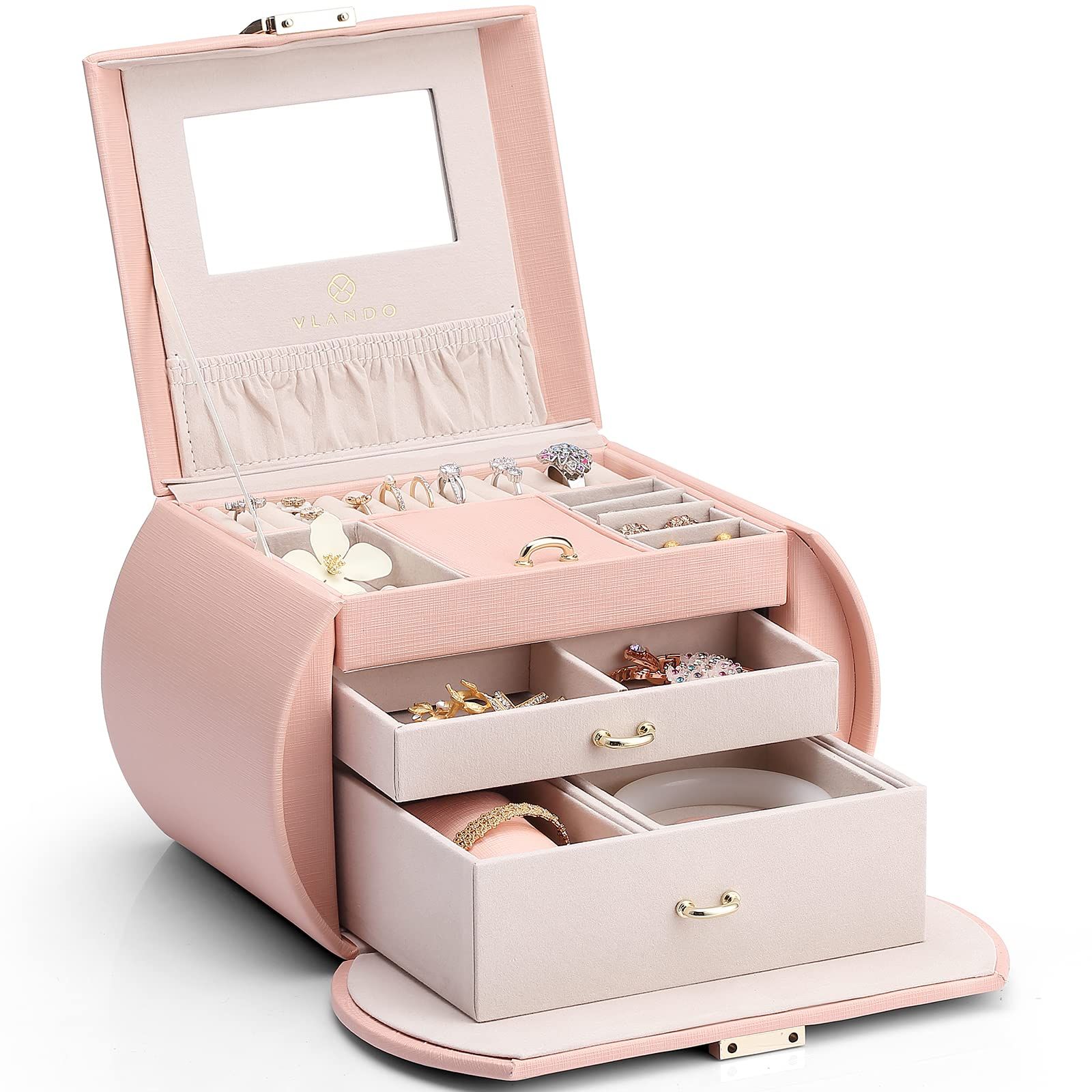 Vlando 半円形ジュエリーボックス 中規模の宝石箱 プレゼントミラー 鏡付き ピアス ネックレス 指輪 リング アクセサリー 指輪置き ジュエリーバッグ(ピンク)YZ 9cab2b5e