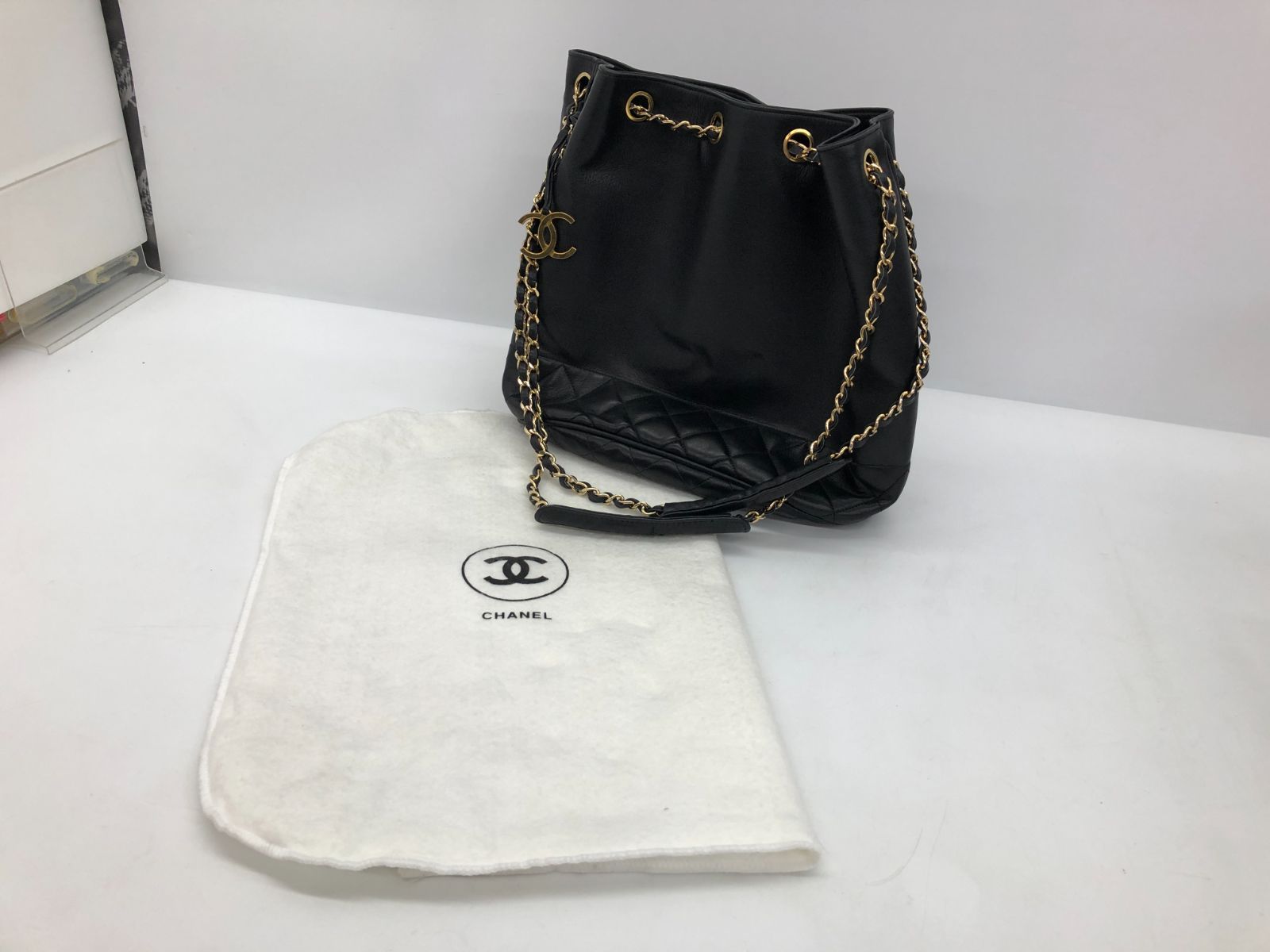 【良品】 CHANEL シャネル 0番台 チェーンショルダー 巾着型 ブラック ラムスキン マトラッセ ヴィンテージ 1988年 ギャランティーカード付 シールあり保存袋付き