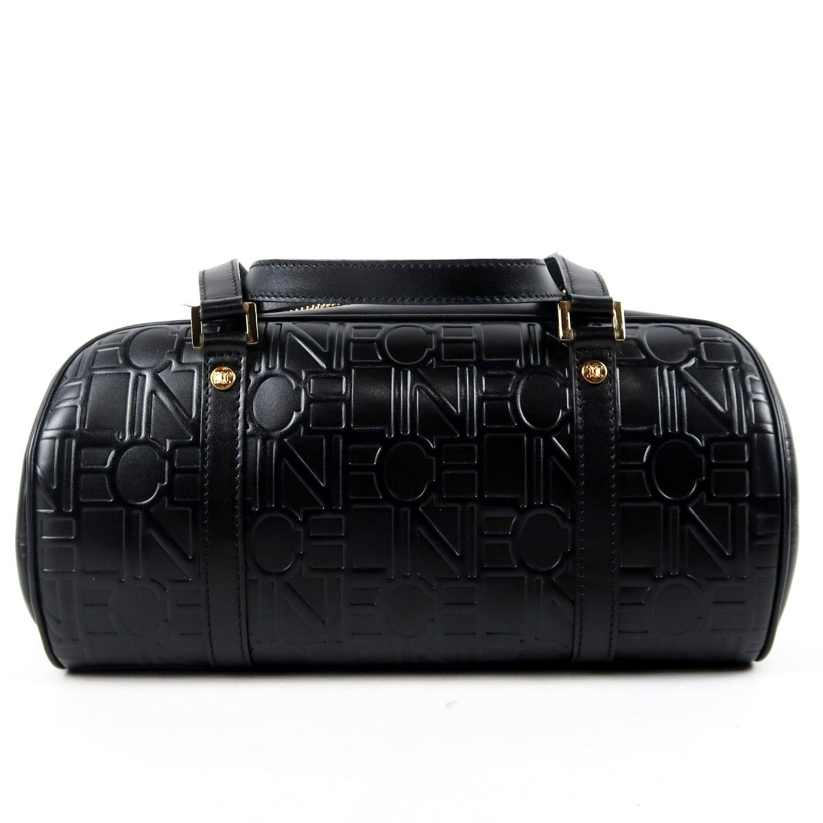 【超美品】CELINE セリーヌ ブランドロゴ ブラックレザー 筒形 ハンドバッグ ミニボストン ブランド鞄【US68】
