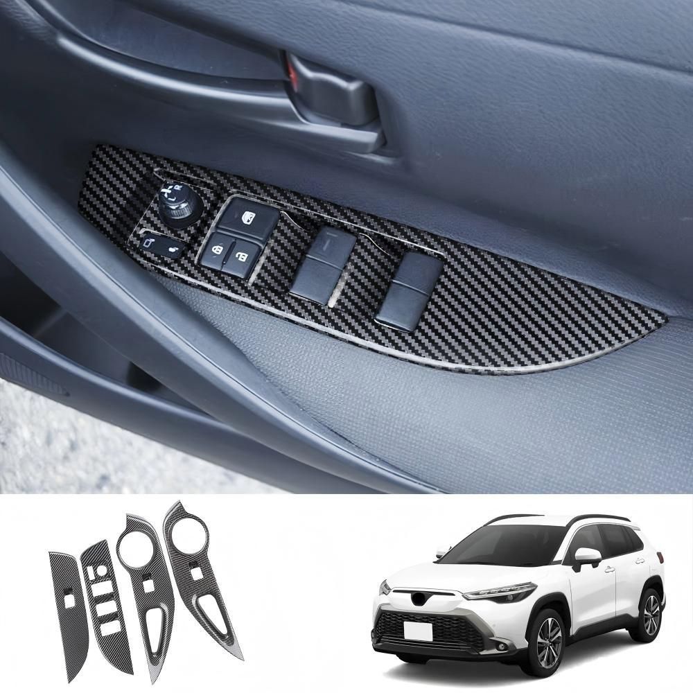 【送料無料】トヨタカローラクロス右ハンドル専用パワーウインドウスイッチパネルカバー4枚セット ABS製 カーボン調/ピアノブラック 傷防止 汚れ防止ドレスアップ簡単装着車種専用設計フィット感抜群高級感耐久性インテリアカスタム お手入れ簡単防水光沢感指紋防止即納
