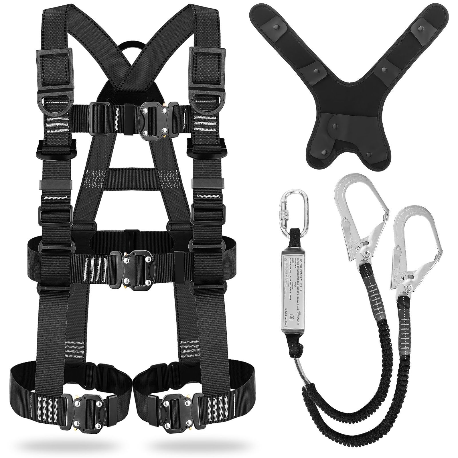 【特価セール】墜落制止用器具 収納袋付き 肩パッド 2丁掛け 高所作業用 ランヤード付き ハーネス安全帯 脱着簡単 バックル 電気工事 ワンタッチ 安全保護 - フルハーネス安全帯 落下防止 セット 新規格 フルハーネス