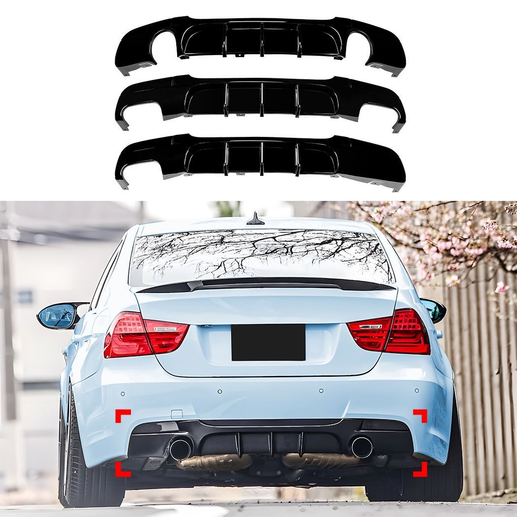 BMW 3シリーズ E90 E91 M Sport 05-12年対応 リアリップスポイラー 後部バンパー下部装着 PP製 片側2本出し 左右1本出し 左右2本出し対応 ピアノブラック カーボン調 LED発光ありなし選択可 後ろ姿を引き締めるスポーティ外装パーツ