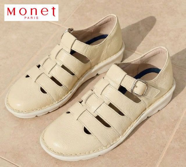 モネ Monet 881620 オブリークトゥシューズ レディースシューズ 4E 幅広 軽量 面ファスナー ベルクロ マジックテープ サイドゴム レザー 本革 天然皮革 履きやすい 軽い 疲れにくい 柔らかい 春夏 婦人 靴 ホワイト 白