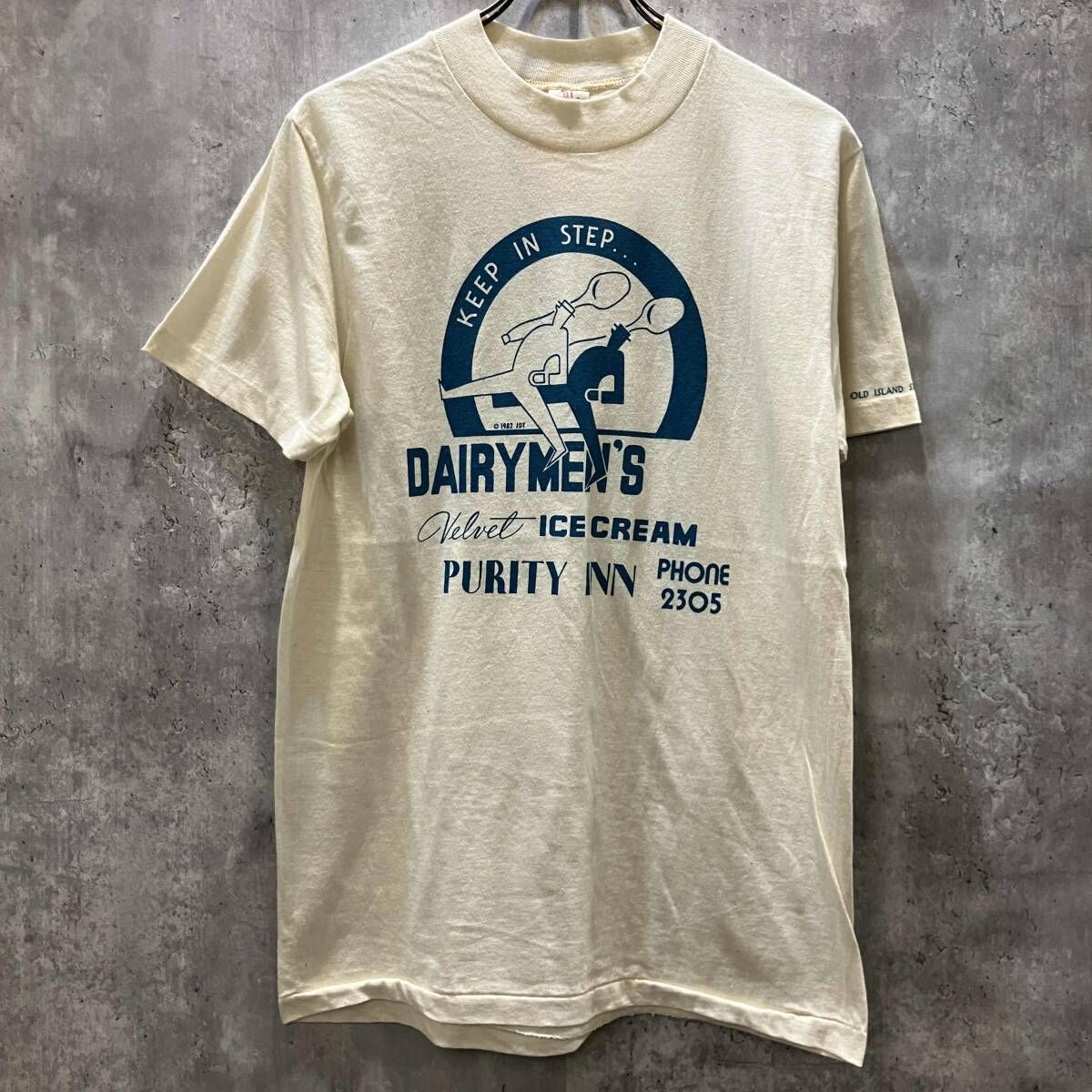 80s USA製 デッドストック STEDMAN 半袖Tシャツ DAIRY MEN’S VELVET ICE CREAM size M アイボリー ステッドマン