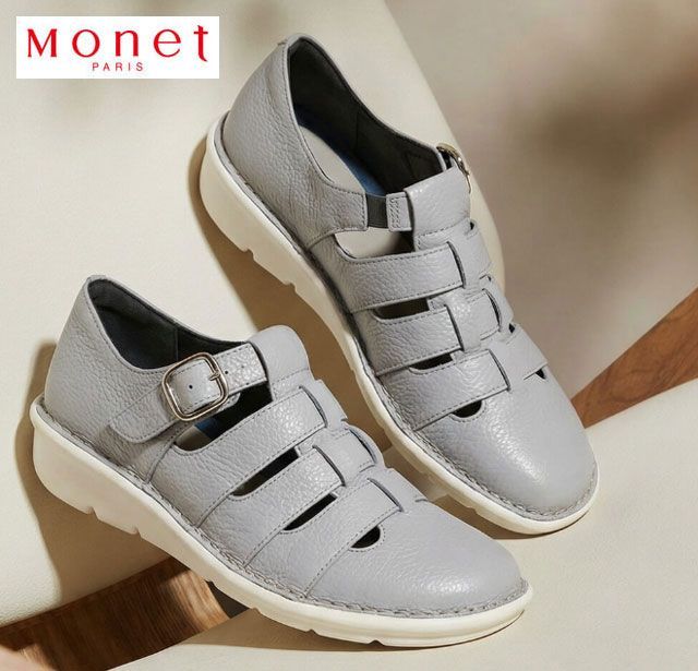 モネ Monet 881620 オブリークトゥシューズ レディースシューズ 4E 幅広 軽量 面ファスナー ベルクロ マジックテープ サイドゴム レザー 本革 天然皮革 履きやすい 軽い 疲れにくい 柔らかい 春夏 婦人 靴 グレー