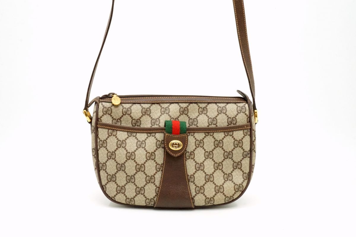 オールド グッチ ヴィンテージ シェリーライン ショルダーバッグ 89 02 032 GGプラス PVCキャンバス 茶 ブラウン GUCCI 6767h