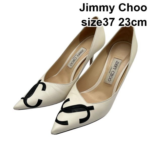 ● ジミーチュウ Jimmy Choo パンプス ハイヒール ピンヒール 靴 シューズ ロゴ 白 黒 レザー 37 約23cm レディース 6V601