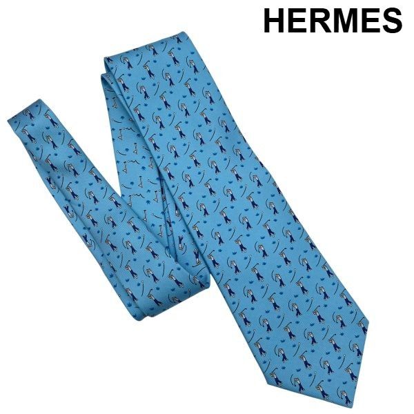 ● 美品 エルメス HERMES ネクタイ スーツ ビジネス アイテム 小物 雑貨 水色系 シルク100％ メンズ 6V602