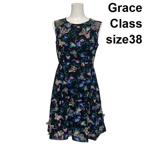 ◇ グレースクラス Grace Class チュールマルチ刺繍ワンピース ドレス 膝丈 ノースリーブ 蝶々 シアー 黒 38 M 9号 レディース S6F182