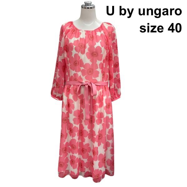 □ ユーバイウンガロ U by ungaro フレアワンピース 七分袖 ラグランスリーブ ロング丈 リボンベルト ピンク 40 M～L 11 レディース Z6C516