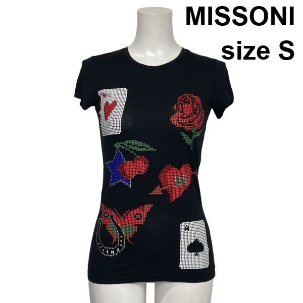 □ ミッソーニ MISSONI 半袖カットソー Tシャツ グラフィックT クルーネック ラインストーン装飾 黒 マルチカラー S 7号 レディース S6F214