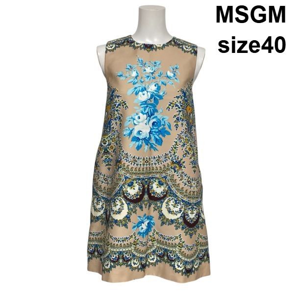 ◇ エムエスジイエム MSGM ミニワンピース フレア ノースリーブ Aライン ペイズリー柄 総柄 ベージュ系 40 M 9号 レディース S6F217