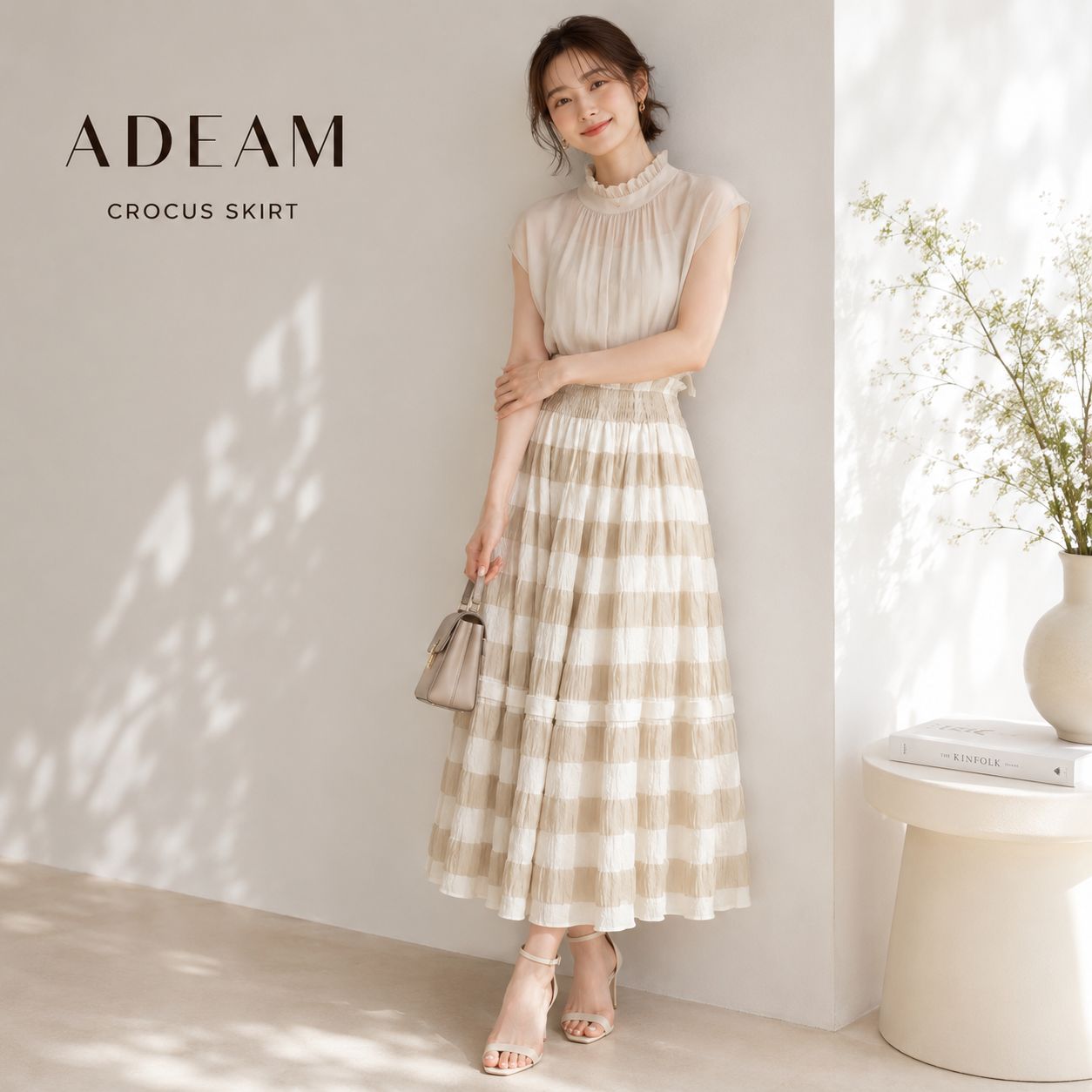 【新品同様】【参考価格75,900円】ADEAM FOXEY 42594 / アディアム フォクシー クロッカススカート　ベージュ×ホワイト　S（ウエスト ゴム仕様 ) 裏地あり 上品　お出かけ　ママコーデ