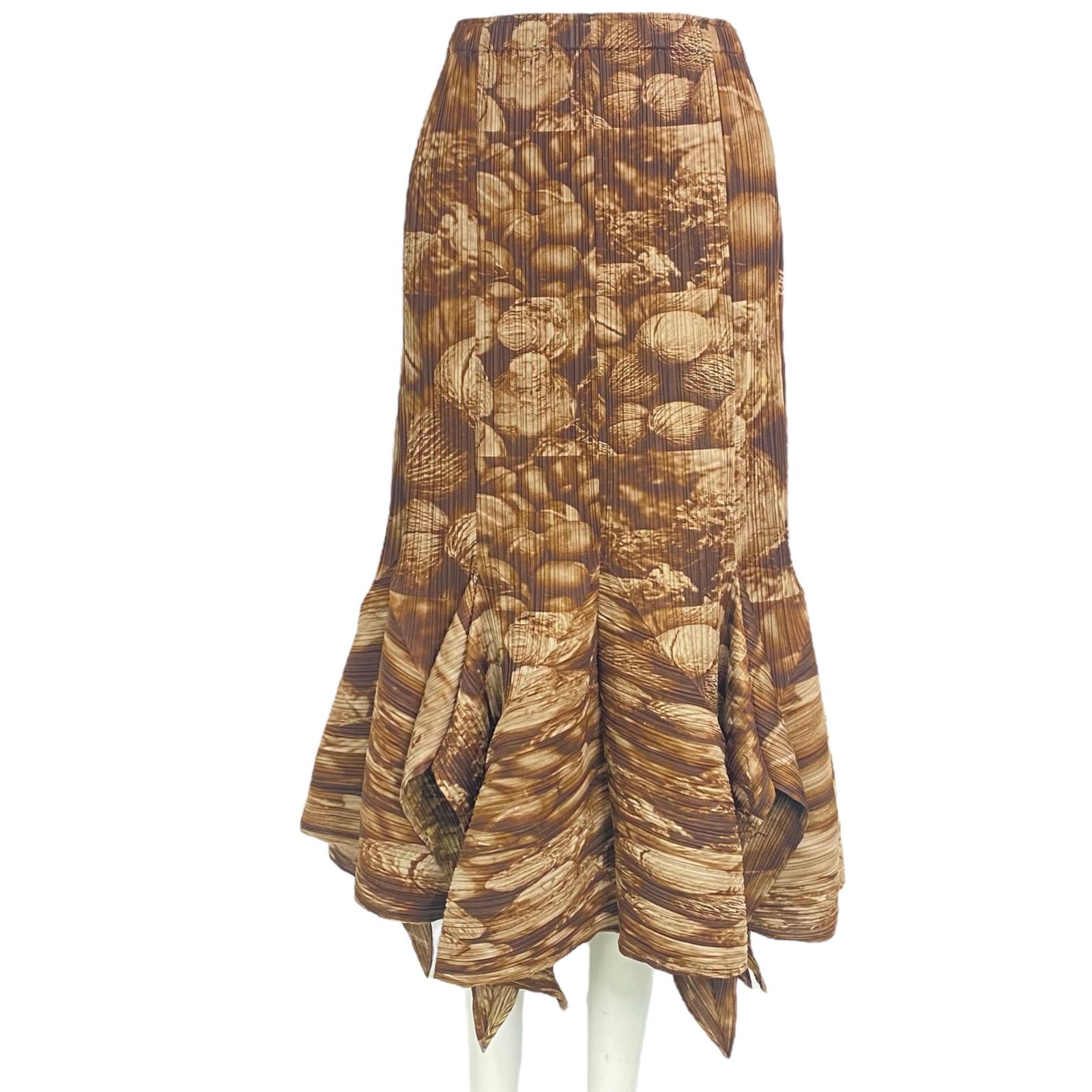 新品同様 ISSEY MIYAKE イッセイミヤケ PLEATS PLEASE プリーツプリーズ スカート 転写 木の実柄 ブラウン サイズ3
