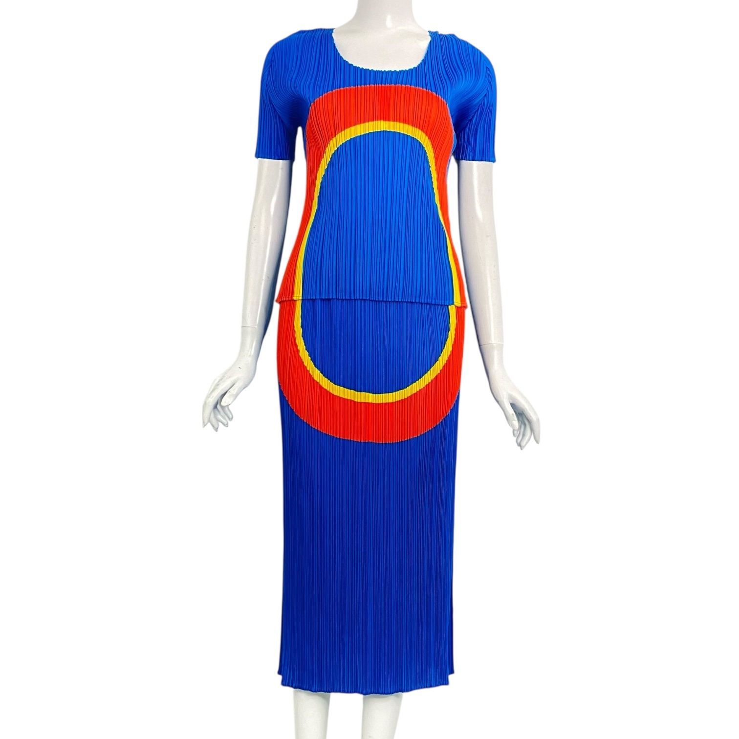 新品同様 ISSEY MIYAKE イッセイミヤケ PLEATS PLEASE プリーツプリーズ セットアップ トップス スカート 曲線柄 マルチカラー サイズ3
