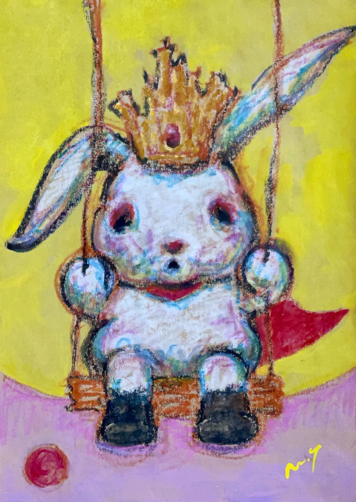 高野マナブ 原画｜[ウサギ、月と王冠とブランコ] Drawing A4 アクリル 一点物 Manabu Takano 髙野學 Moon Sun Rabbit 月と太陽とウサギ Louvre Uffizi Japan 台湾 現代美術家