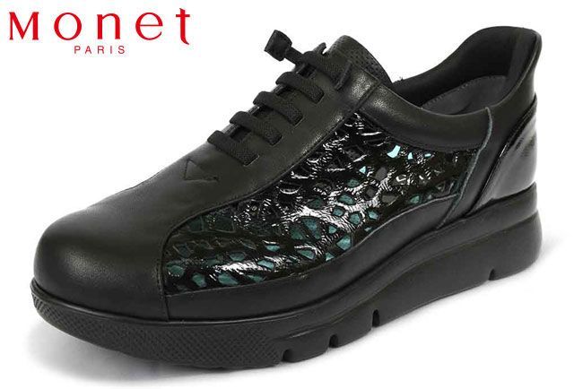 モネ Monet 241634 軽量スニーカー コンフォートスニーカー レディーススニーカー カットワークスニーカー 厚底スニーカー スリップイン 4E 幅広 立ったまま履ける靴 手を使わずに履ける靴 レザー 本革 天然皮革 履きやすい 軽い 靴 ブラック 黒
