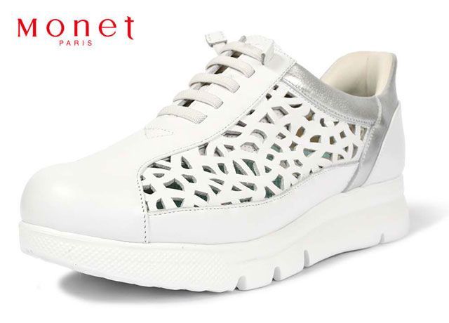 モネ Monet 241634 軽量スニーカー コンフォートスニーカー レディーススニーカー カットワークスニーカー 厚底スニーカー スリップイン 4E 幅広 立ったまま履ける靴 手を使わずに履ける靴 レザー 本革 天然皮革 履きやすい 軽い 靴 ホワイト 白