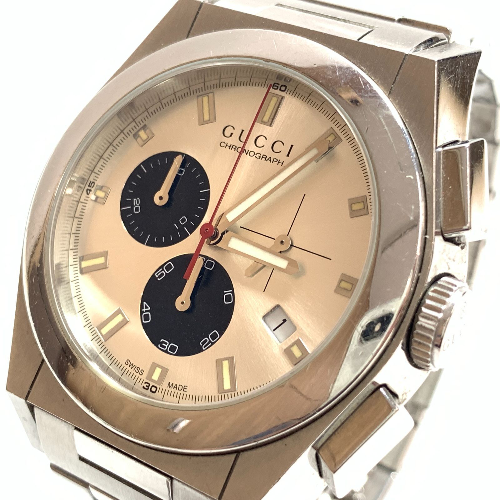 f001 K 2. グッチ GUCCI 115.2 パンテオン クロノグラフ クォーツ メンズ 腕時計 シルバー文字盤 純正SSベルト