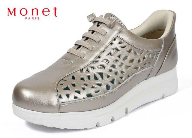 モネ Monet 241634 軽量スニーカー コンフォートスニーカー レディーススニーカー カットワークスニーカー 厚底スニーカー スリップイン 4E 幅広 立ったまま履ける靴 手を使わずに履ける靴 レザー 本革 天然皮革 履きやすい 軽い 靴 プラチナ 14,400円