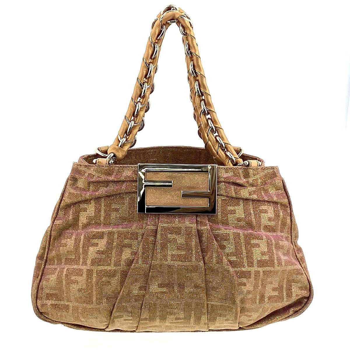 FENDI フェンディ ミア チェーンショルダーバッグ ショルダーバッグ 8BR615 レディース キャンバス ピンク ゴールド金具 中古