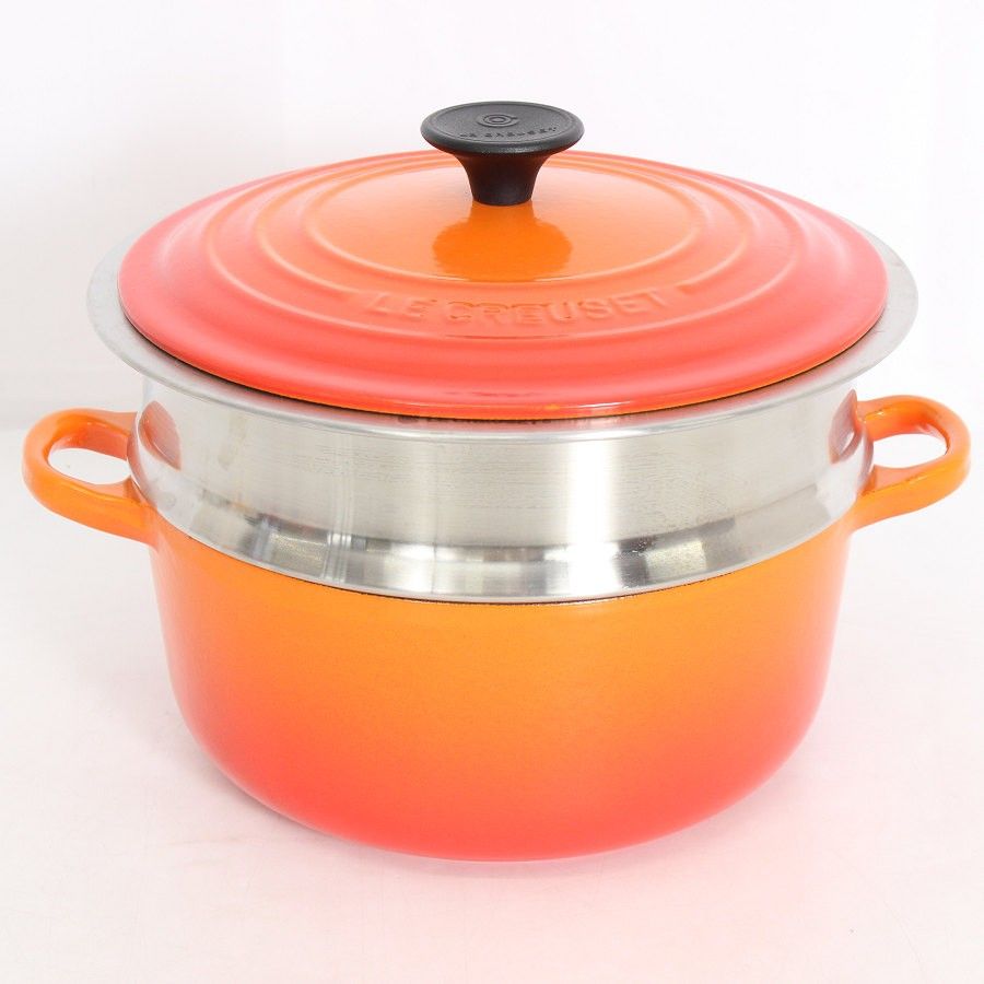 【美品】ル・クルーゼ ココット・ロンド 20cm オレンジ 専用スチーマー付 Le Creuset ホーロー鍋 両手鍋 本体