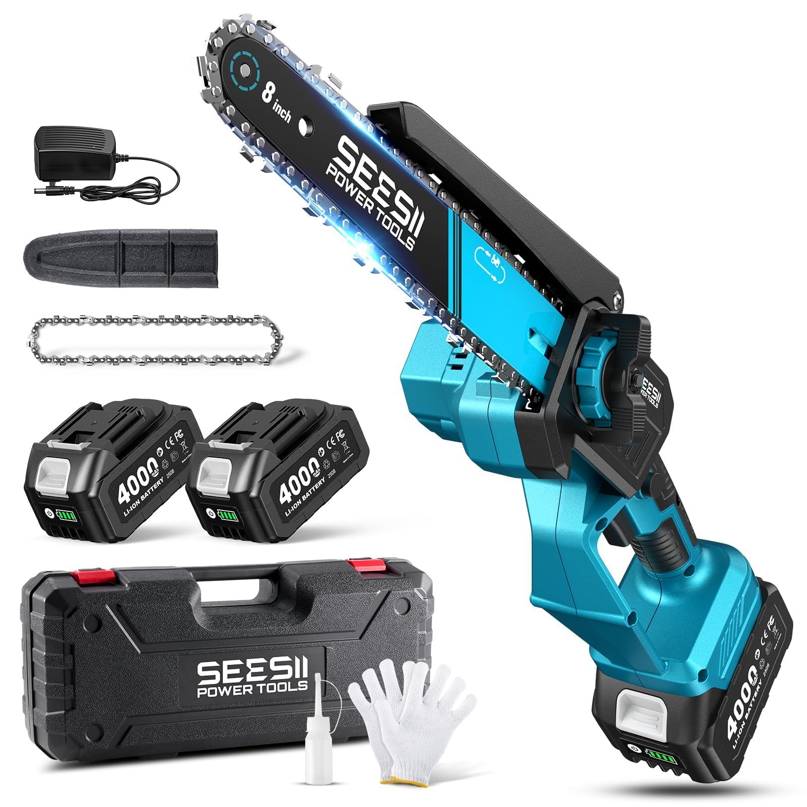 【2026新型】SEESII 8インチ充電式電動チェーンソー ブラシレスモーター 4000mAh バッテリー2 個付属 切断径 200mm 高枝延長ポール対応自動給油・ツール不要 コードレスハンディソー 竹・枝切り 庭木剪定 薪作り 林業伐採日本語説明書付kk