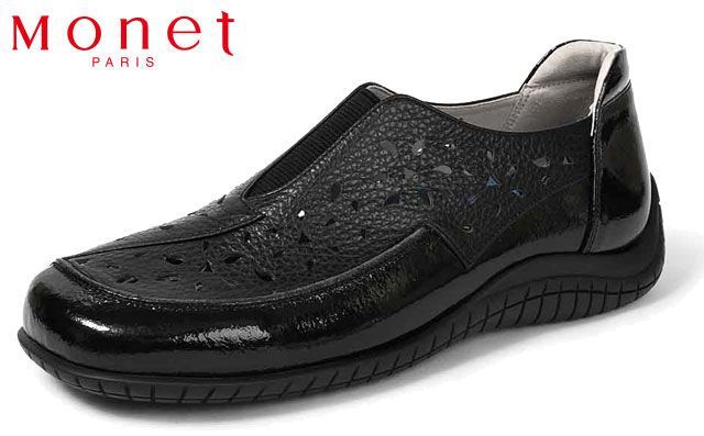 モネ Monet 211620 カットワークスリッポン スリッポンシューズ レディースシューズ オブリークトゥ 3E 幅広 軽量 レザー 本革 天然皮革 サイドゴム 立ったまま履ける靴 手を使わずに履ける靴 履きやすい 軽い 柔らかい 婦人 靴 ブラック 黒