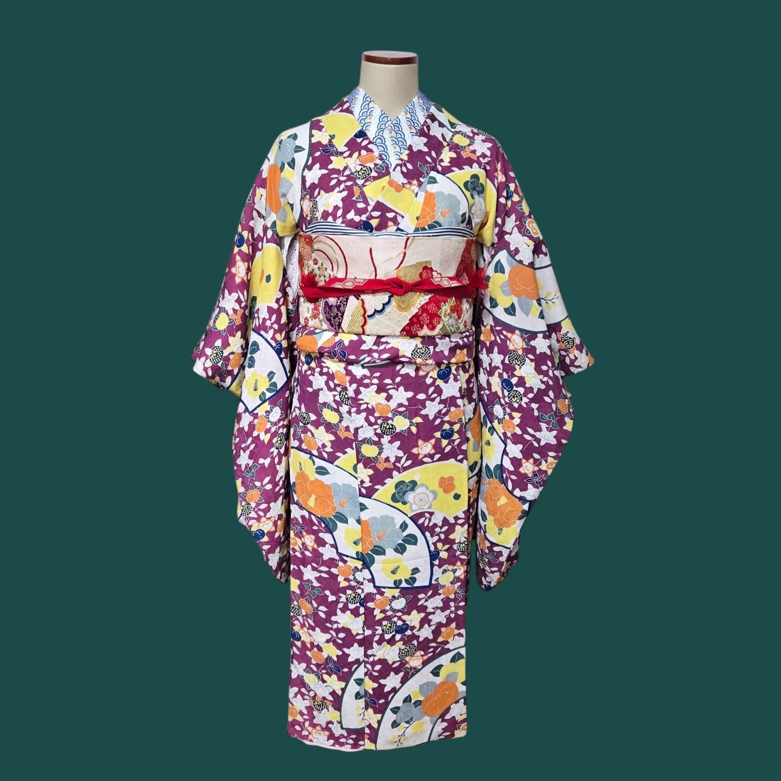 紫 橘 椿 アンティーク着物 花扇 名古屋帯