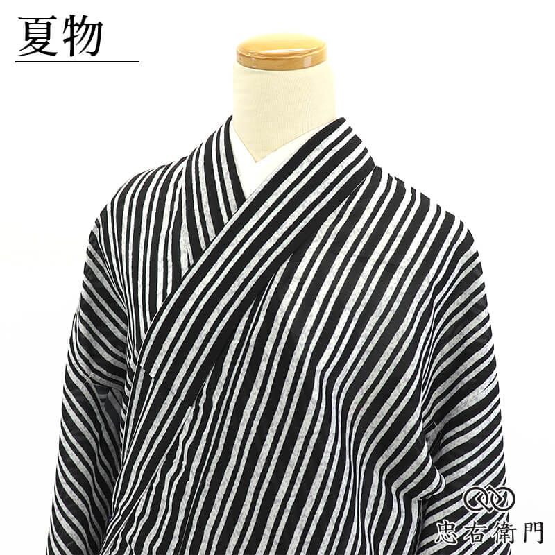 美品 夏着物 紗着物 小紋柄 小紋 レディース ポリエステル 洗える モノトーン ストライプ 縞 小粋 身丈164cm 裄丈66cm 街歩き お出かけ ランチ 街ブラ M~Lサイズ相当 リサイクル着物 リユース着物 中古着物 即日発送