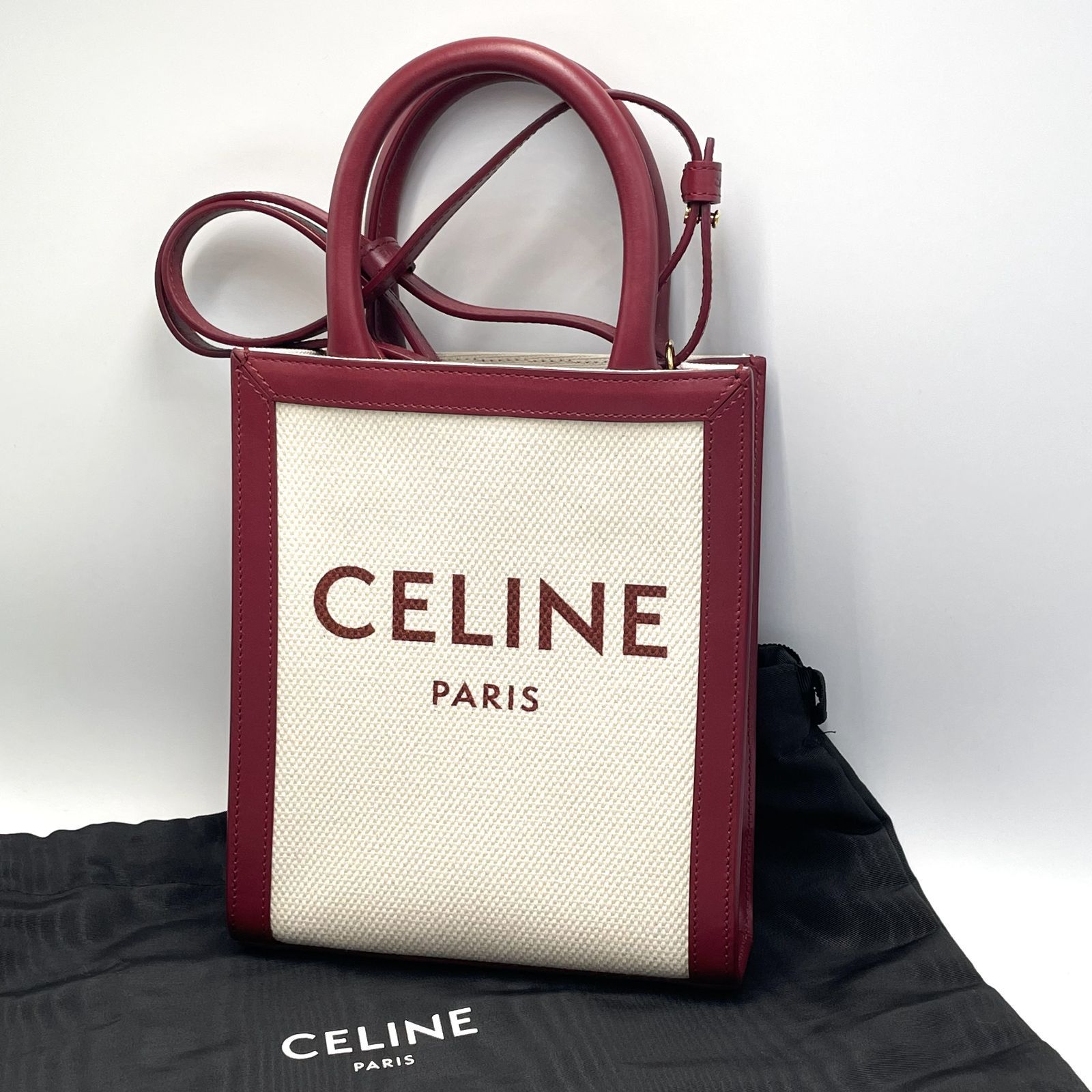 【小ぶりで可愛いミニカバ/極美品】CELINE セリーヌ ミニ バーティカル カバ 2WAYバッグ ハンドバッグ ショルダーバッグ トート アイボリー ボルドー キャンバス カーフスキン ロゴバッグ 斜め掛け 肩掛け レディース 当店基準真贋確認済