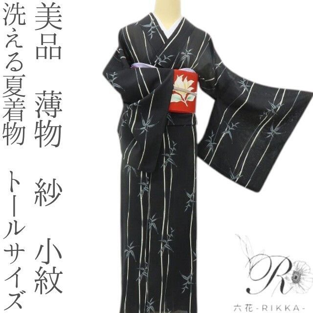 六花-RIKKA- 美品 洗える夏着物 薄物 紗❀黒紗にすらっと涼を奏でる竹❀トールサイズ 小紋 着物 A5425