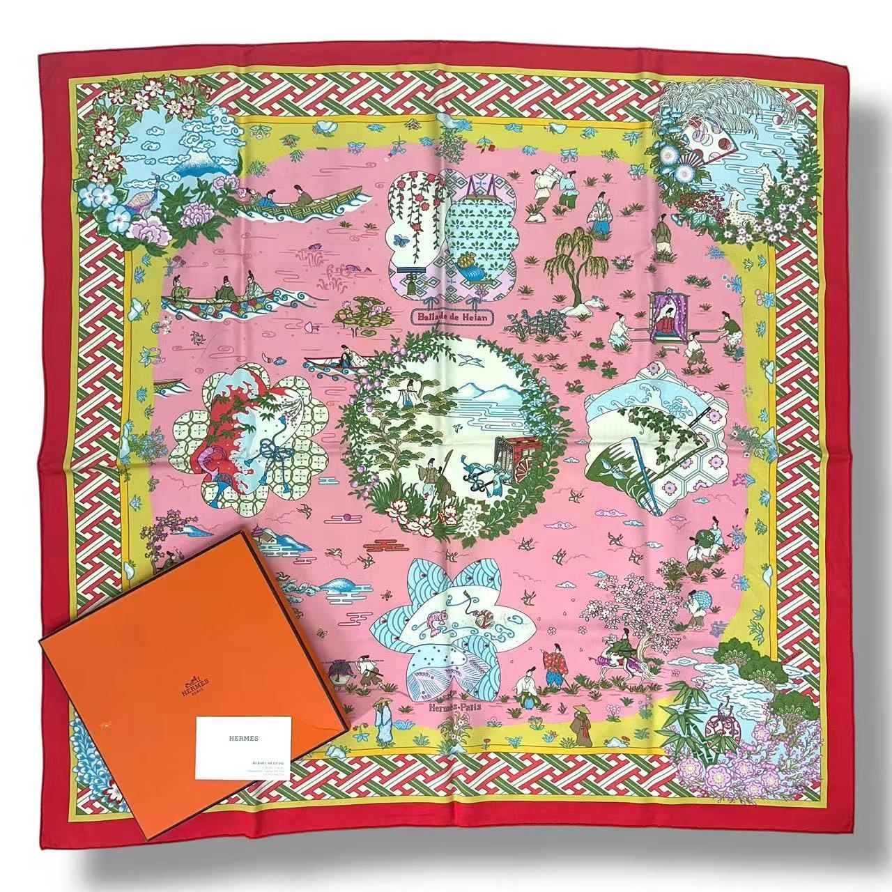 美品 HERMES エルメス カレ90 スカーフ シルク Ballade de Heian 平安の庭にて ピンク 箱付き