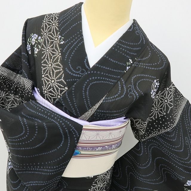 六花-RIKKA- 美品 洗える夏着物 薄物 紗 撫子 萩❀麻の葉導く、流水に 