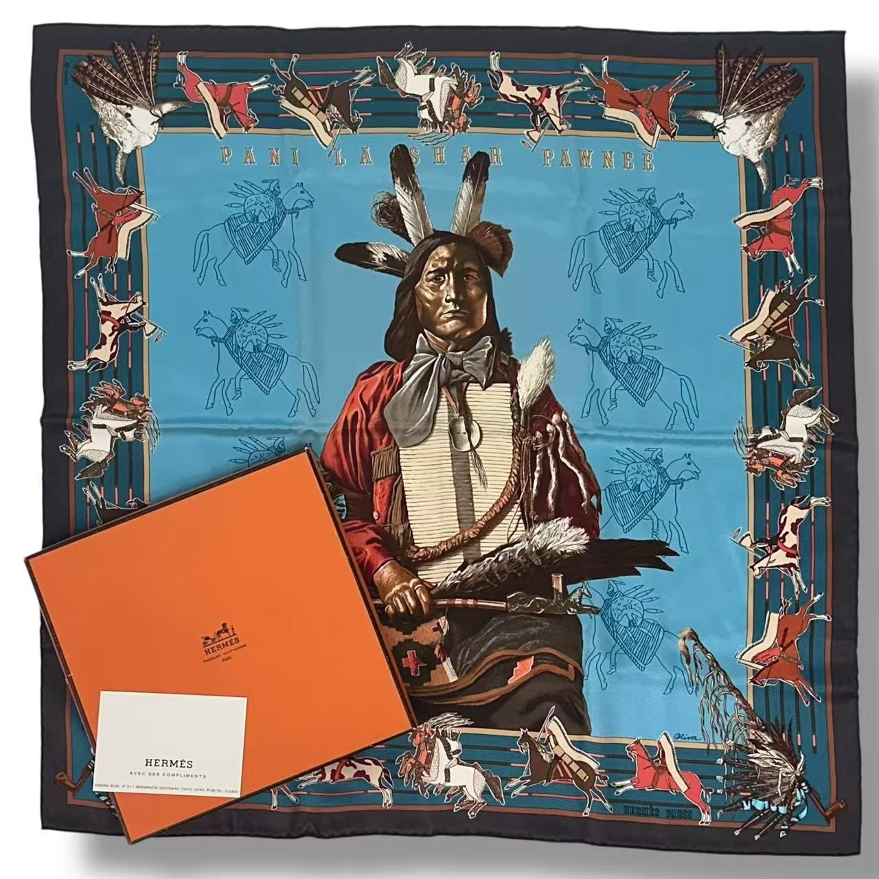極美品 HERMES エルメス スカーフ シルク Pani La Shar Pawnee パウニー族の首長 ブルー 箱付き