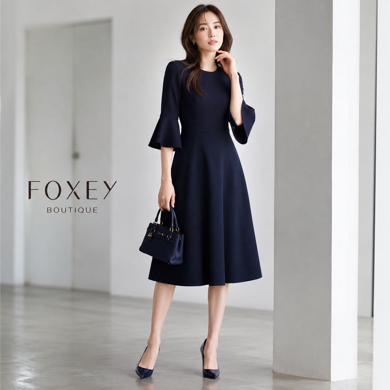 【極美品】【参考価格129,600円】FOXEY BOUTIQUE 38236 / フォクシーブティック ワンピース ドレス リズムフレア 38 ミッドナイトブルー 【ウール100％】 フレア袖 学校行事 お食事会 パーティー 観劇 セレモニ