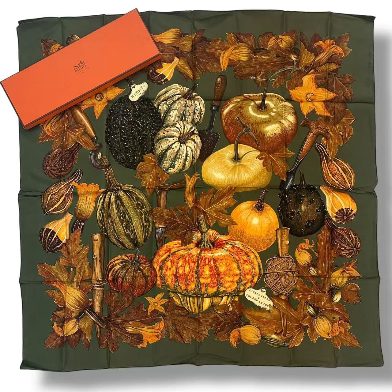 新品同様 HERMES エルメス カレ90 スカーフ シルク CITROUILLES ET COLOQUINTES カボチャとコロシント マルチカラー 箱付き