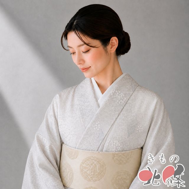 小紋 着物 中古 正絹 袷 カジュアル BANKAN わものや 植物文様 枝花 素色 金 身丈156cm 裄65cm M きもの北條 A1374-11