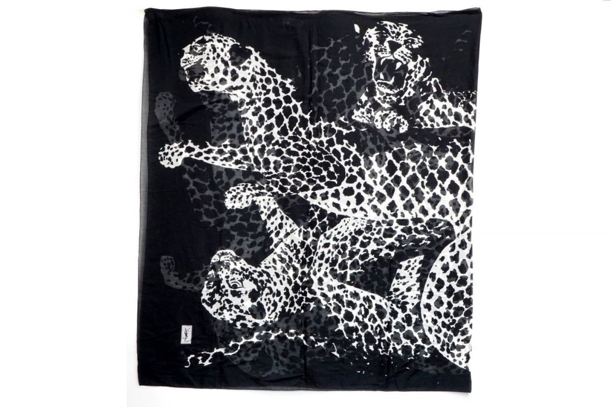 イヴ サンローラン シルク 超大判 ストール スカーフ 234cm YSL ヒョウ柄 レオパード柄 黒 ブラック Yves Saint Laurent 6762k