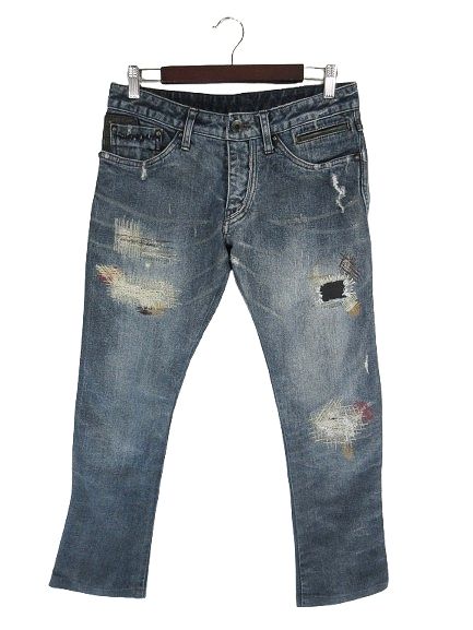 フォーティーンス アディクション14th Addiction パンツ デニム ジーンズ ジーパン ロング ダメージ加工 レザー インディゴ サイズ2 QQQ
