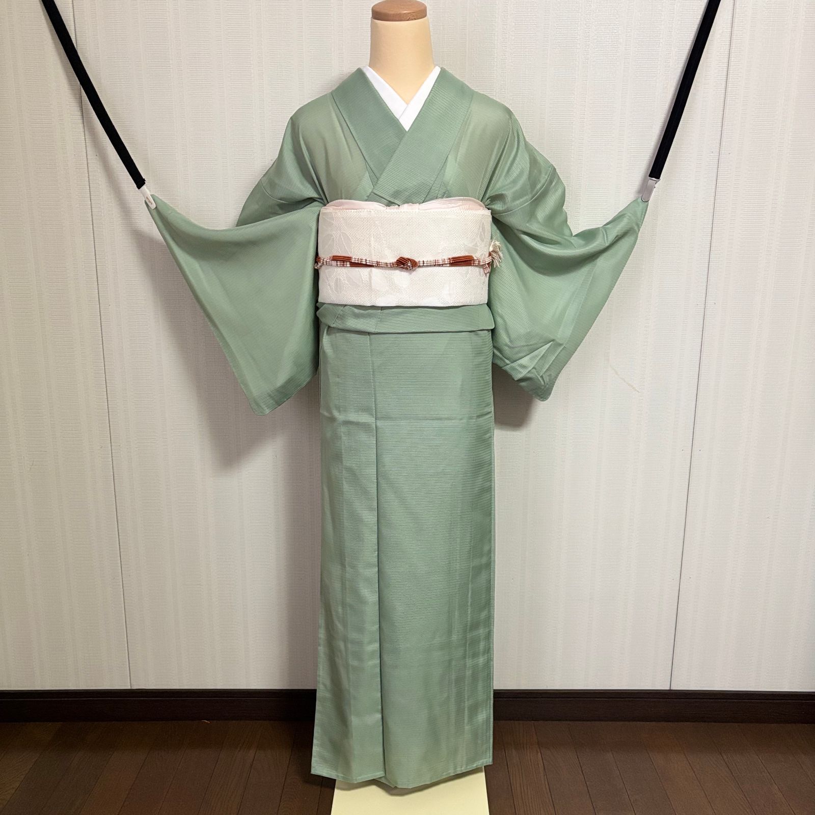 美品 色無地 夏着物 フルセット 身丈160.5 グリーン 薄緑 名古屋帯 