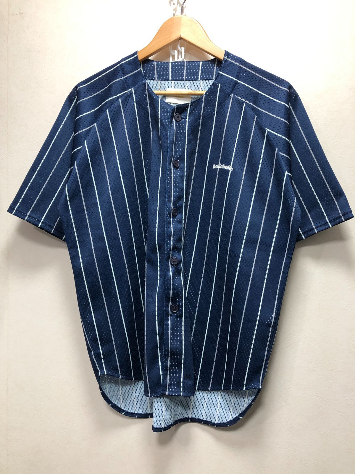 ballaholic ボーラホリック　メッシュストライプシャツ 開襟　半袖　L 016090 ballaholic 半袖 ストライプ メッシュ ベースボール シャツ M