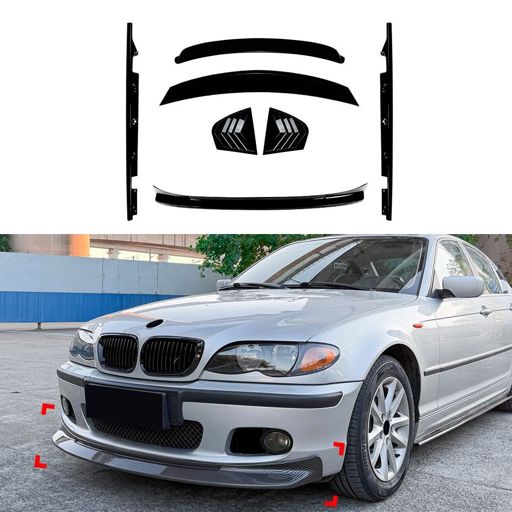 BMW 3シリーズ E46 4ドア M Sport 1998-2005対応 エアロパーツセット 前唇 サイドスカート ルーフスポイラー リアスポイラー ルーバー ABS製 ピアノブラック カーボン調 フロントからリアまで統一感を高める外装ドレスアップパーツ