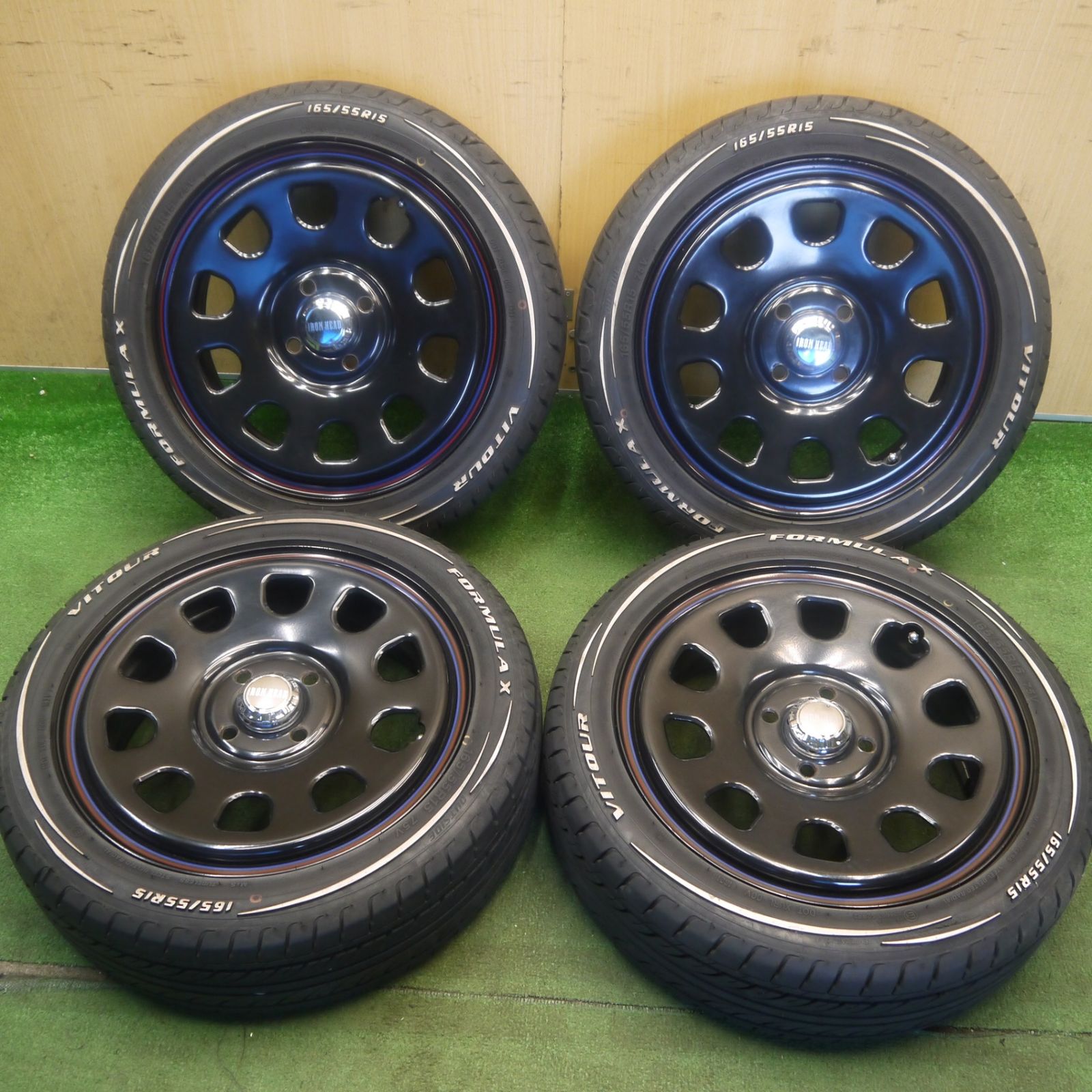 バリ溝！キレイ！9分★DAYTONA 165/55R15 VITOUR FORMULA X ホワイトレター デイトナ IRON HEAD 15インチ PCD100/4H★6052904Hノ