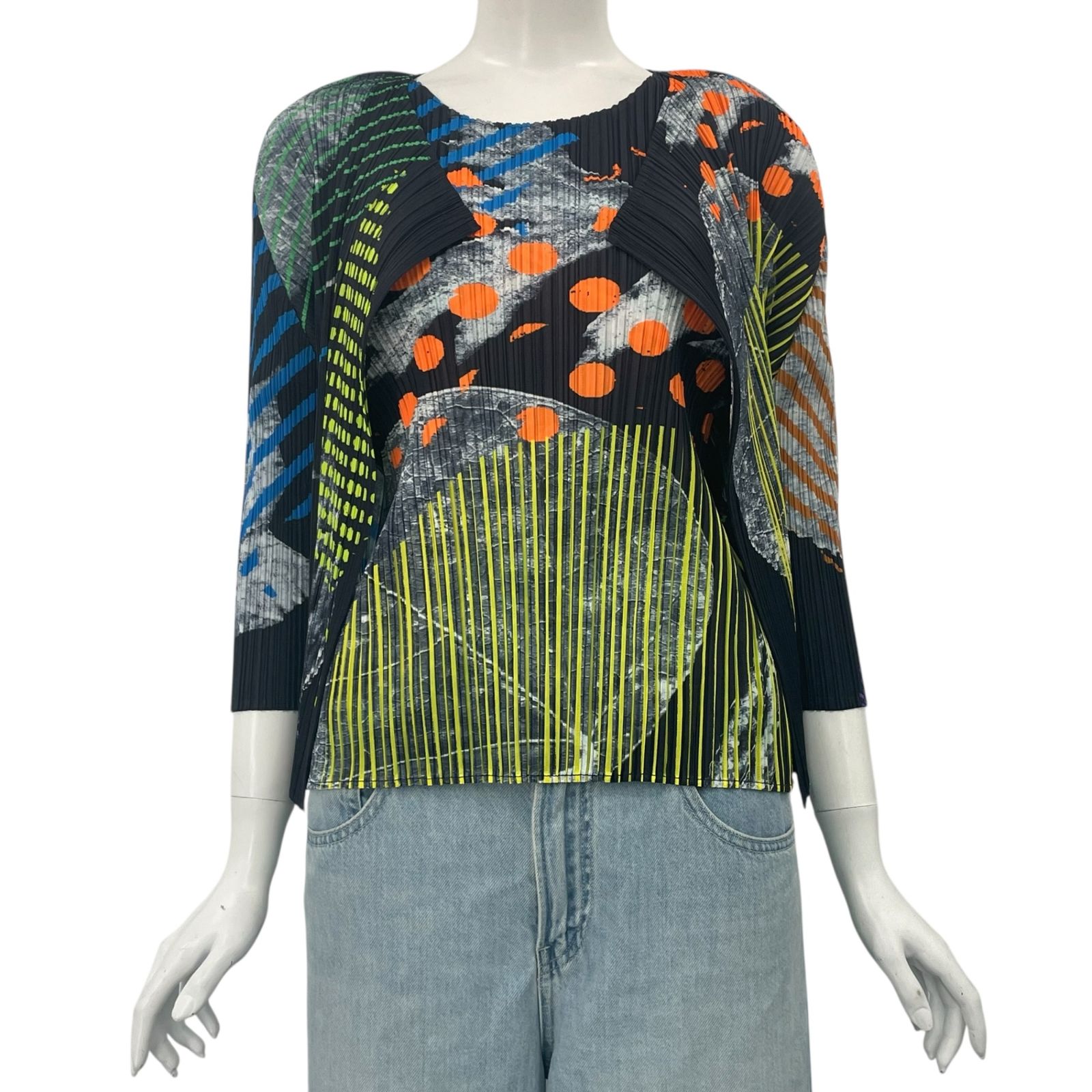 新品同様 ISSEY MIYAKE イッセイミヤケ PLEATS PLEASE プリーツプリーズ アンサンブル カーディガン カットソー 半袖 水墨の楓 マルチカラー サイズ3