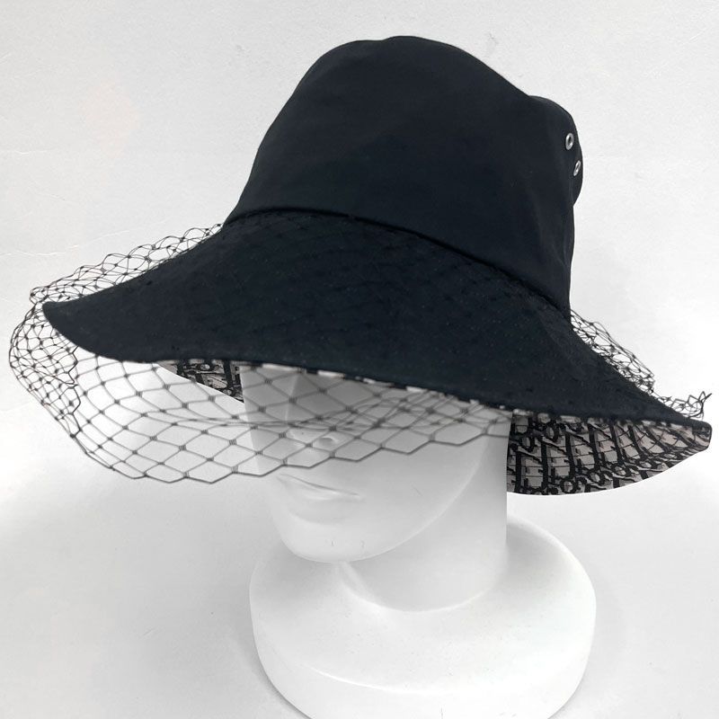 【中古】Christian Dior クリスチャン・ディオール Teddy-D ボブハット オブリーク バケット 95TDD924G130 ベール付き ブラック サイズ57 レディース 帽子 イタリア製