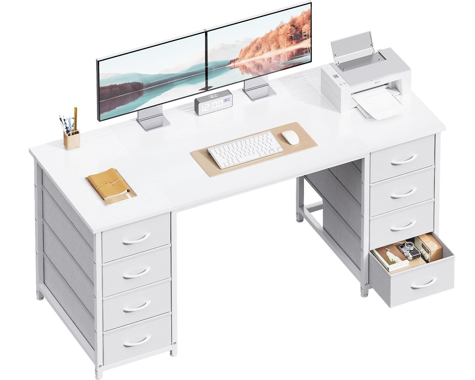 省スペース 在宅ワーク desk ゲーミングデスク computer 両袖机 オフィスデスク デスク 幅140cm 書斎机 引き出8杯付き 組立簡単 pcデスク パソコンデスク ホワイト AODK