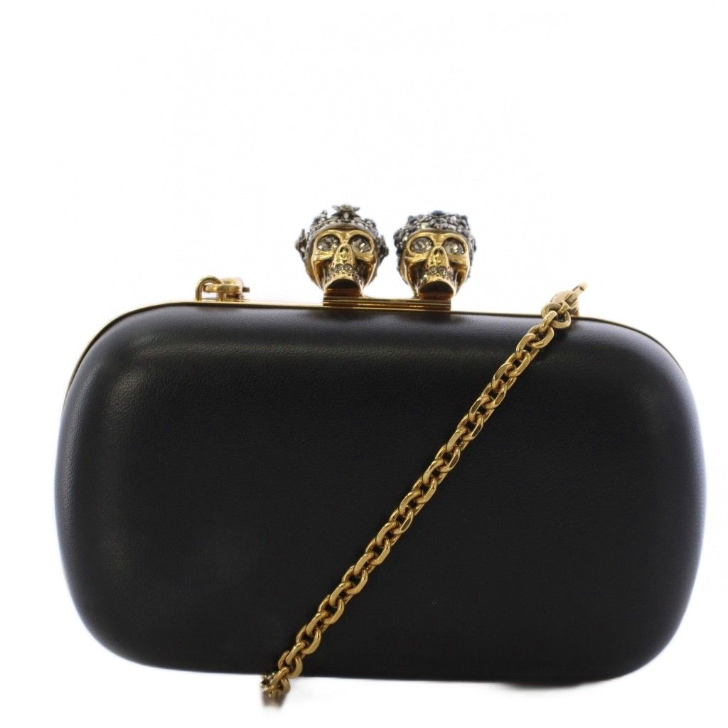アレキサンダーマックイーン ALEXANDER MCQUEEN キング＆クイーンスカルクラッチバッグ ショルダーバッグ レザー スワロフスキー 黒 ブラック ゴールドカラー /YT